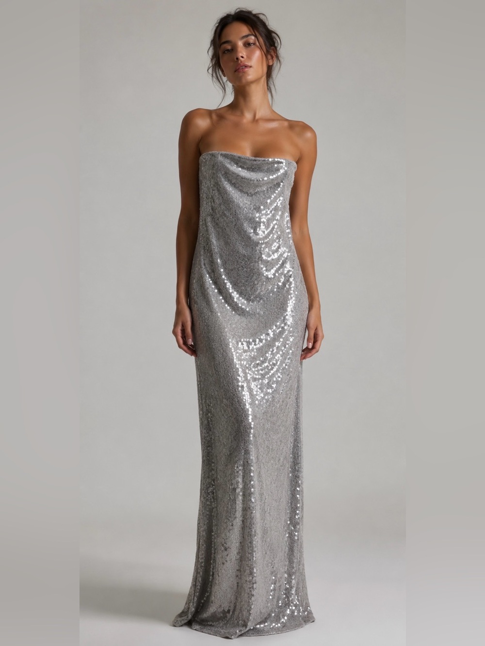 Dynamite Strapless Silver Sequin Column Dress/ Gown